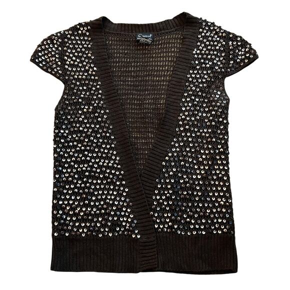 Vintage Y2K Crochet Sequin Cardigan Sweater Shrug size Small Brown Boho Fairy - Picture 1 of 8
